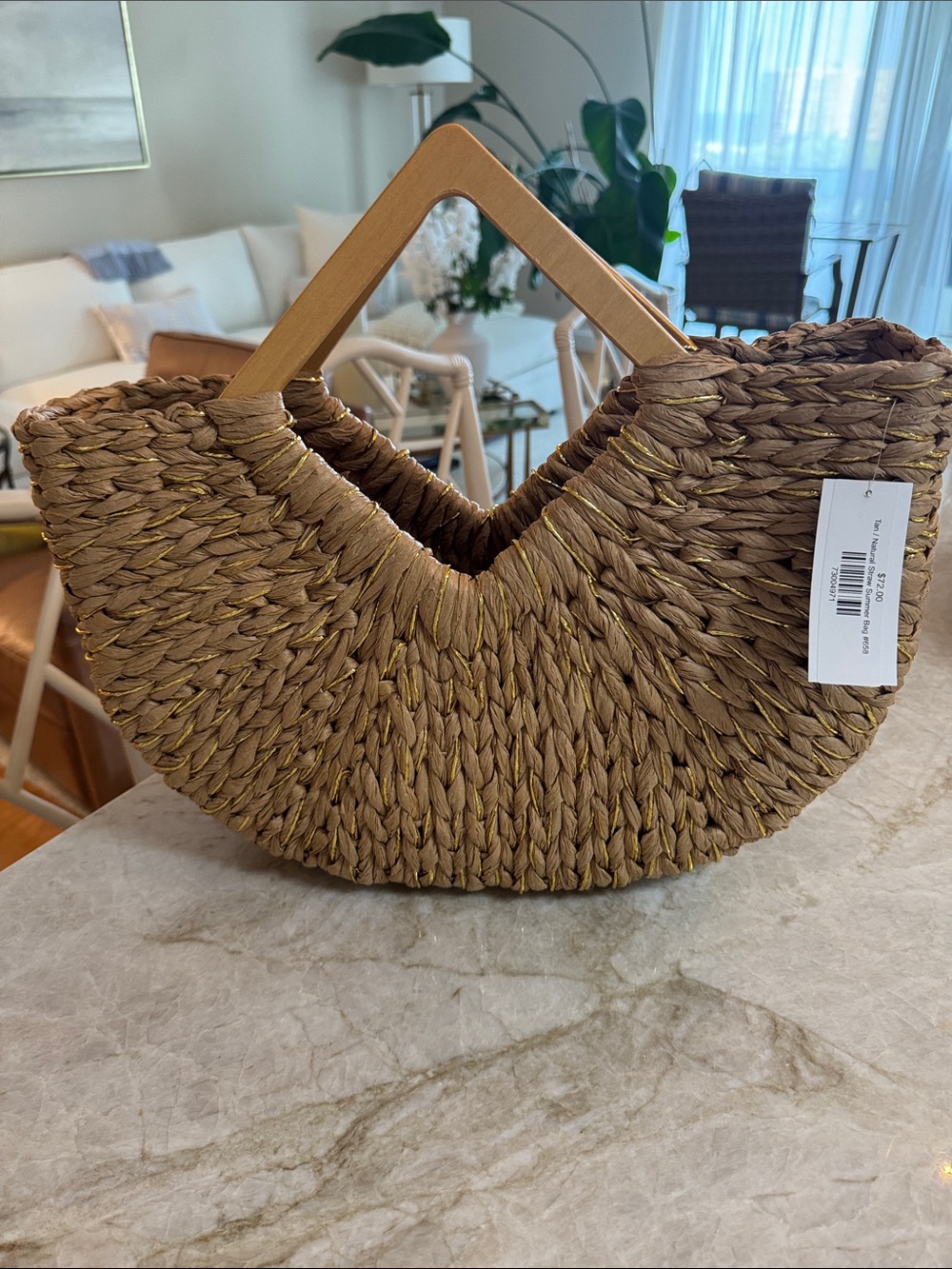 Semi-Circle Woven Tote with Wooden Handles - Brown New with tags.